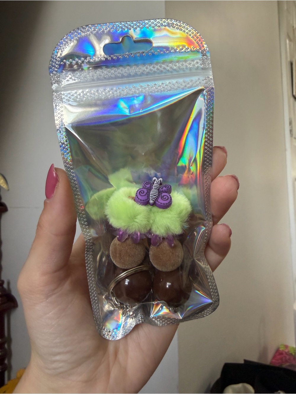 Butterfly Pom-Pom Keychain - Lime Green & Purple